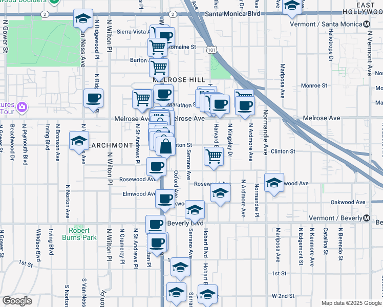 map of restaurants, bars, coffee shops, grocery stores, and more near 4766 Clinton Street in Los Angeles