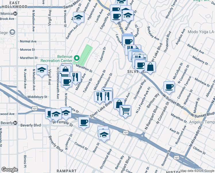 map of restaurants, bars, coffee shops, grocery stores, and more near 732 Robinson Street in Los Angeles