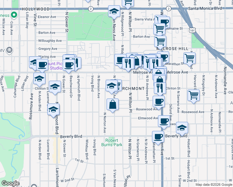 map of restaurants, bars, coffee shops, grocery stores, and more near 542 North Van Ness Avenue in Los Angeles