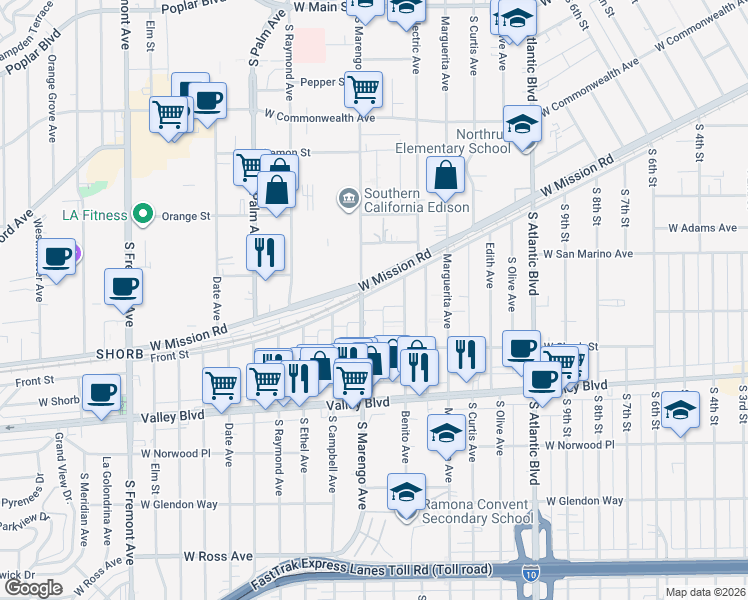 map of restaurants, bars, coffee shops, grocery stores, and more near 1630 Front Street in Alhambra