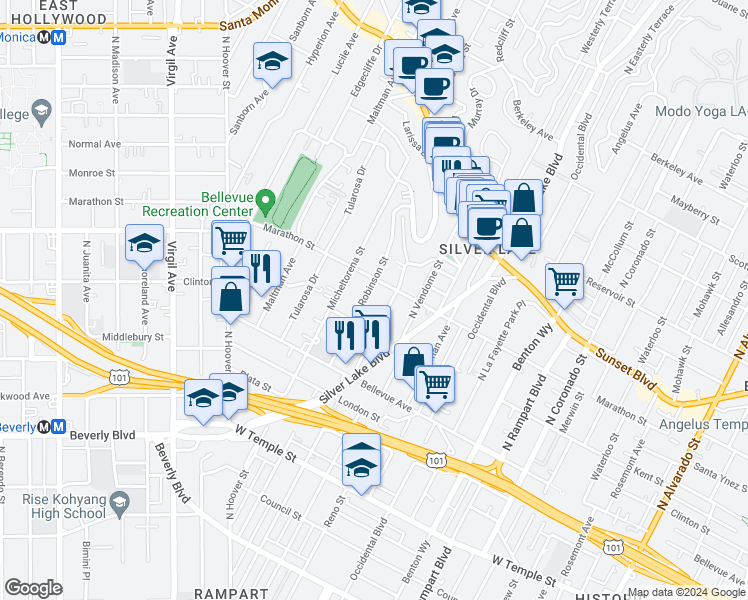 map of restaurants, bars, coffee shops, grocery stores, and more near 732 Robinson Street in Los Angeles