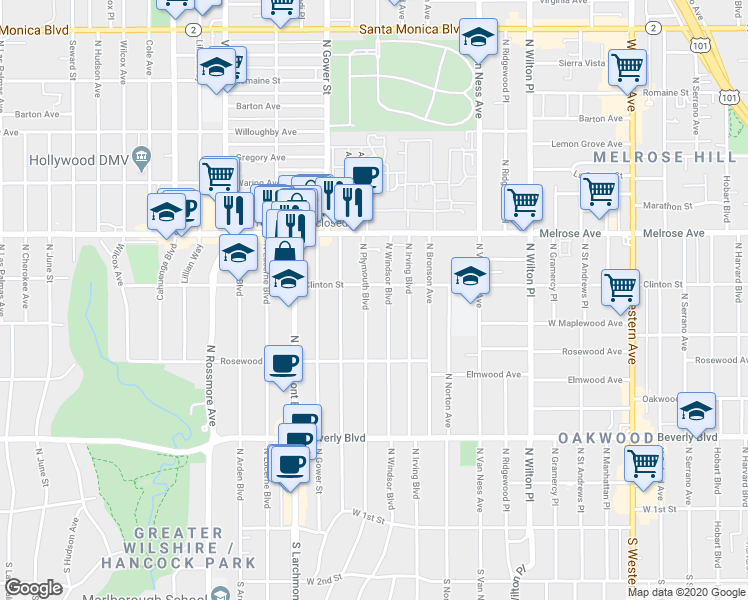 map of restaurants, bars, coffee shops, grocery stores, and more near 574 North Plymouth Boulevard in Los Angeles