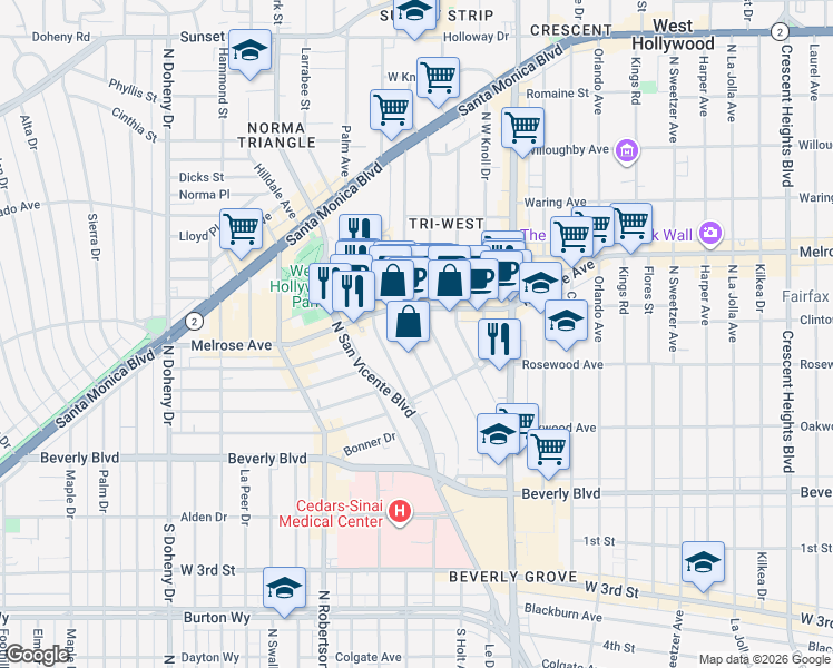 map of restaurants, bars, coffee shops, grocery stores, and more near 573 Westbourne Drive in West Hollywood