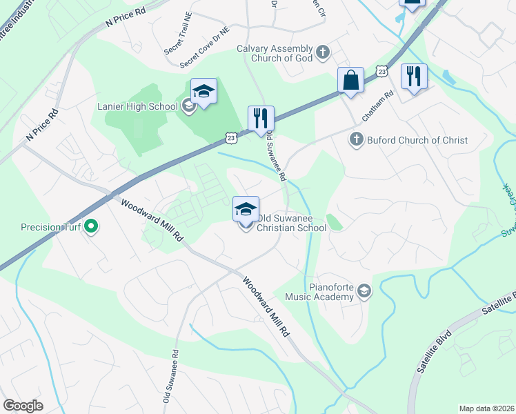 map of restaurants, bars, coffee shops, grocery stores, and more near 933 Suwanee Brook Lane in Buford