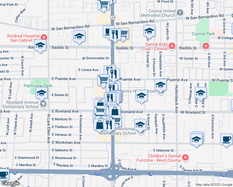 map of restaurants, bars, coffee shops, grocery stores, and more near 1809 East Danes Drive in West Covina