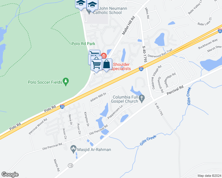 map of restaurants, bars, coffee shops, grocery stores, and more near 198 Allans Mill Drive in Columbia