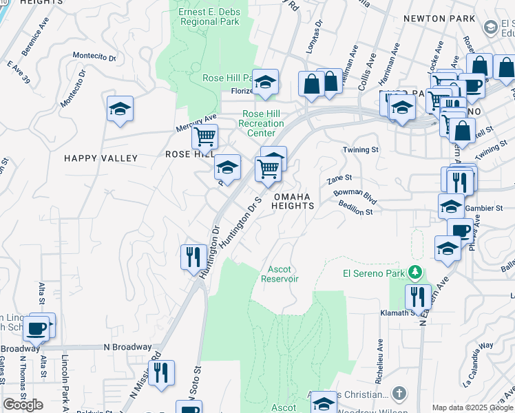 map of restaurants, bars, coffee shops, grocery stores, and more near 4380 Huntington Drive in Los Angeles