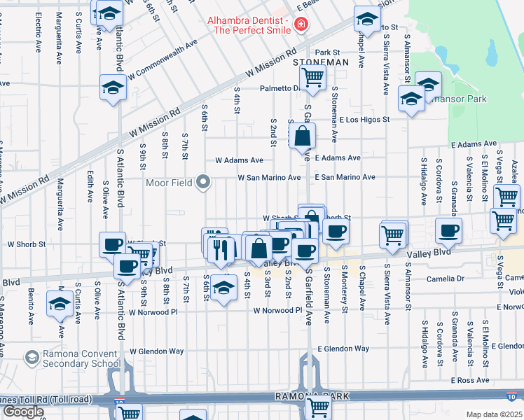 map of restaurants, bars, coffee shops, grocery stores, and more near 1145 South 3rd Street in Alhambra