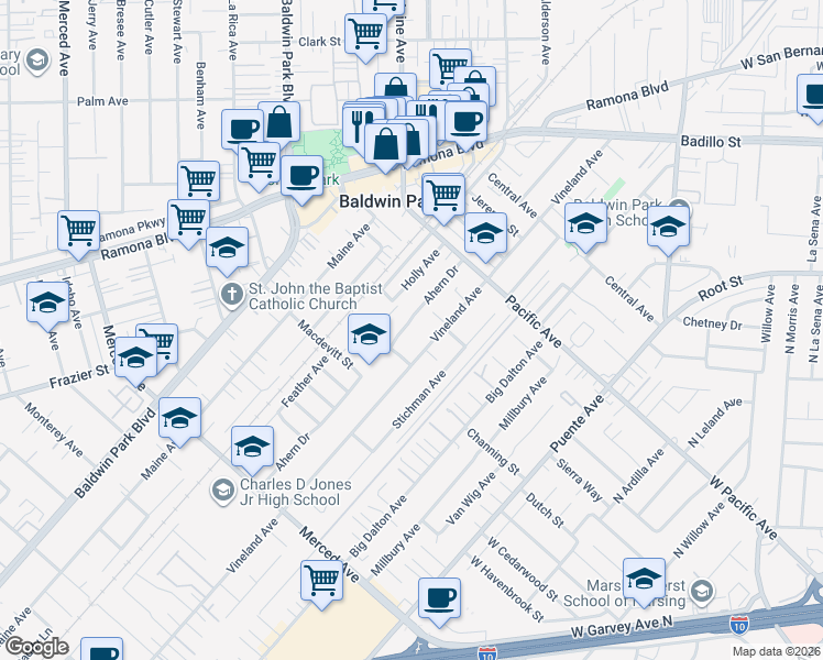map of restaurants, bars, coffee shops, grocery stores, and more near 3676 Ahern Drive in Baldwin Park