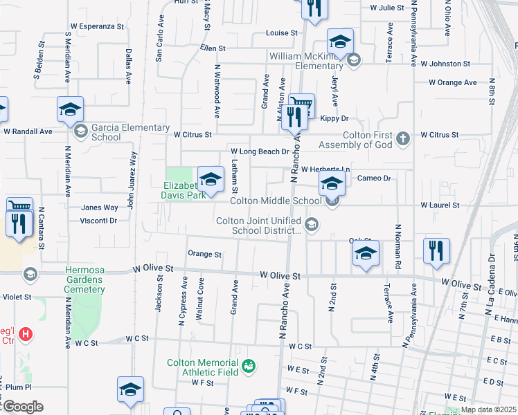 map of restaurants, bars, coffee shops, grocery stores, and more near 1300 North Tejon Avenue in Colton