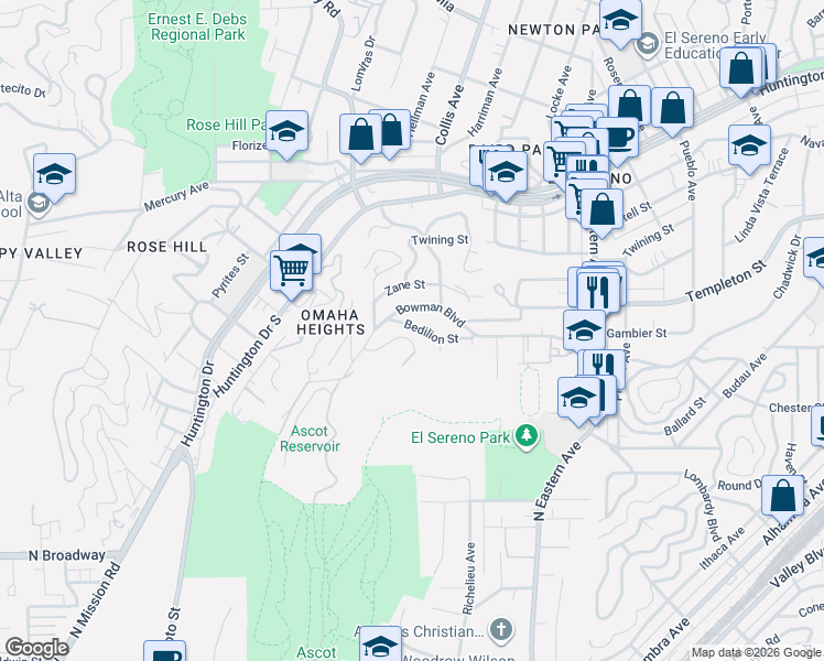 map of restaurants, bars, coffee shops, grocery stores, and more near 4531 Bedilion Street in Los Angeles