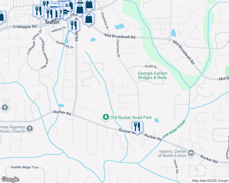 map of restaurants, bars, coffee shops, grocery stores, and more near 1015 Lillian Dr in Alpharetta