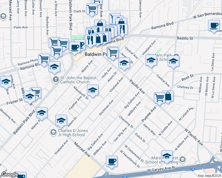 map of restaurants, bars, coffee shops, grocery stores, and more near 3707 Vineland Avenue in Baldwin Park