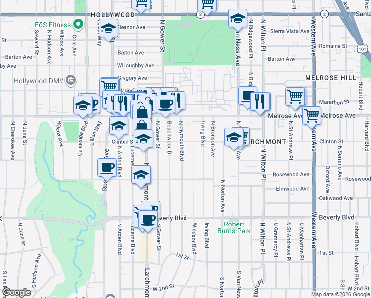 map of restaurants, bars, coffee shops, grocery stores, and more near 574 North Plymouth Boulevard in Los Angeles