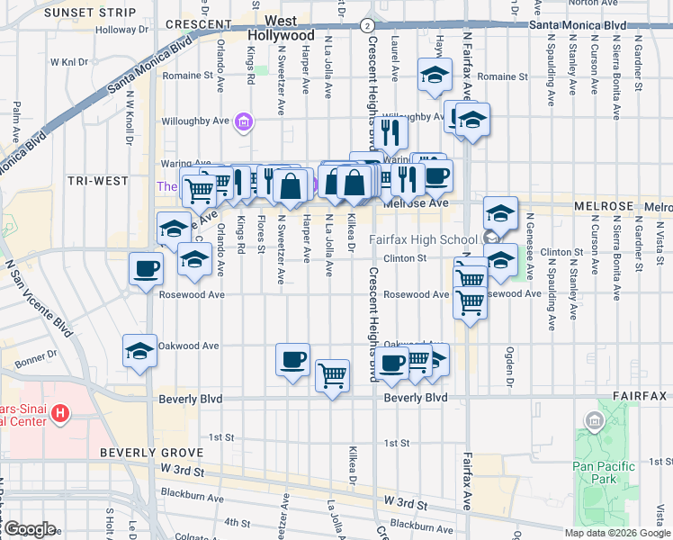map of restaurants, bars, coffee shops, grocery stores, and more near 534 North La Jolla Avenue in West Hollywood