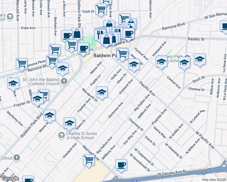 map of restaurants, bars, coffee shops, grocery stores, and more near 3676 Ahern Drive in Baldwin Park
