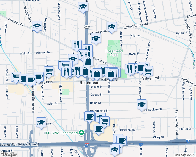 map of restaurants, bars, coffee shops, grocery stores, and more near 9049 Valley Boulevard in Rosemead