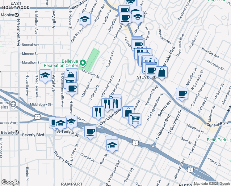 map of restaurants, bars, coffee shops, grocery stores, and more near 746 Robinson Street in Los Angeles