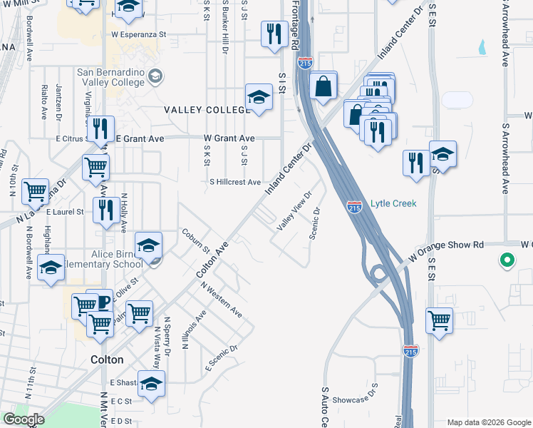 map of restaurants, bars, coffee shops, grocery stores, and more near 955 Inland Center Drive in San Bernardino
