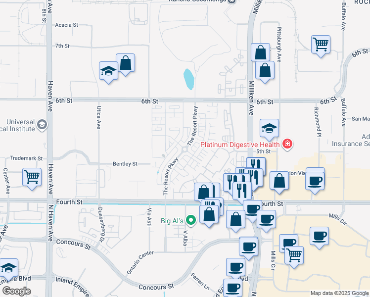 map of restaurants, bars, coffee shops, grocery stores, and more near The Resort Parkway in Rancho Cucamonga