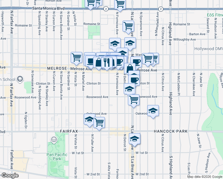 map of restaurants, bars, coffee shops, grocery stores, and more near 538 North Alta Vista Boulevard in Los Angeles