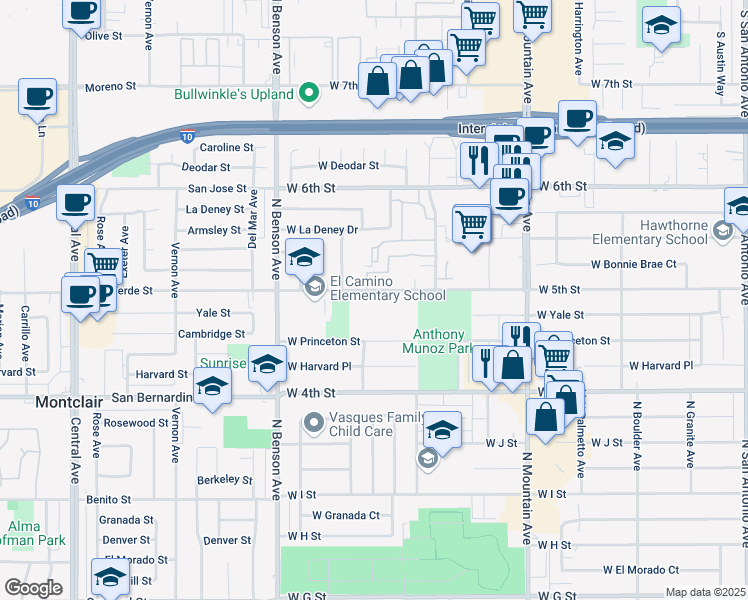 map of restaurants, bars, coffee shops, grocery stores, and more near 1355 West 5th Street in Ontario