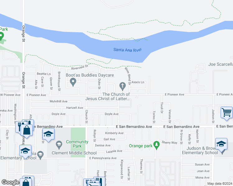 map of restaurants, bars, coffee shops, grocery stores, and more near 1802 Austin Way in Redlands