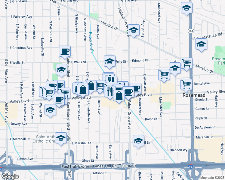 map of restaurants, bars, coffee shops, grocery stores, and more near 1045 East Valley Boulevard in San Gabriel