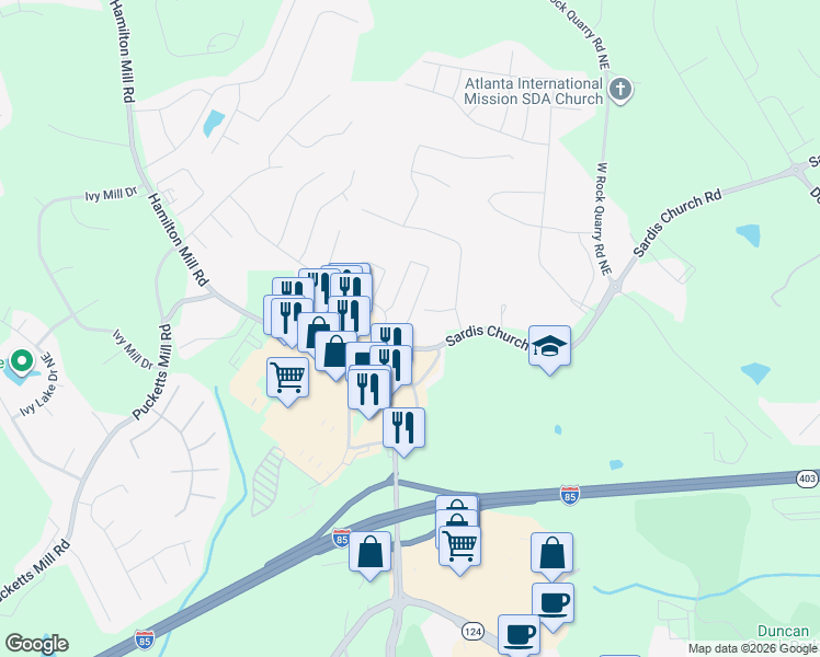 map of restaurants, bars, coffee shops, grocery stores, and more near 2718 Sardis Chase Court in Buford