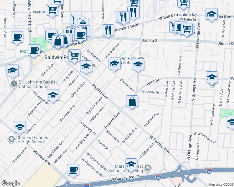 map of restaurants, bars, coffee shops, grocery stores, and more near 1219 Alpine Circle in Baldwin Park