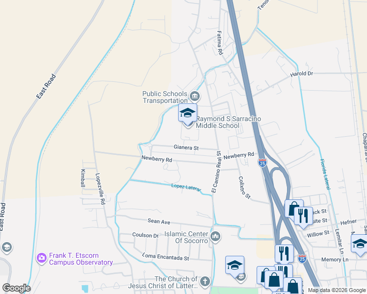 map of restaurants, bars, coffee shops, grocery stores, and more near 612 Gianera Street in Socorro