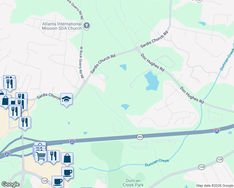 map of restaurants, bars, coffee shops, grocery stores, and more near 2601 West Rock Quarry Road Northeast in Buford
