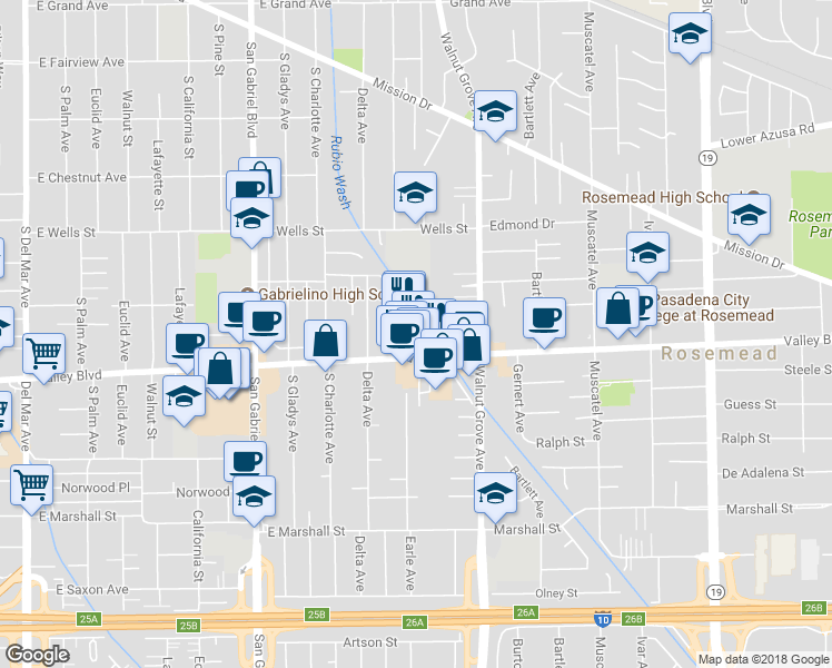 map of restaurants, bars, coffee shops, grocery stores, and more near 1045 East Valley Boulevard in San Gabriel