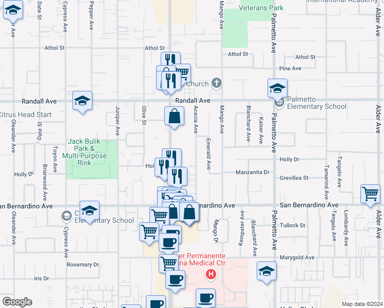 map of restaurants, bars, coffee shops, grocery stores, and more near 9506 Acacia Avenue in Fontana