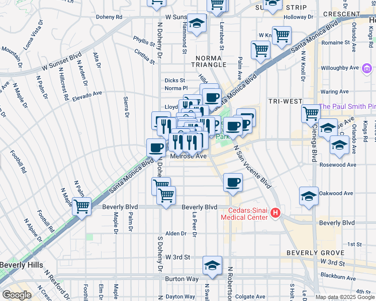 map of restaurants, bars, coffee shops, grocery stores, and more near 620 North Almont Drive in Los Angeles