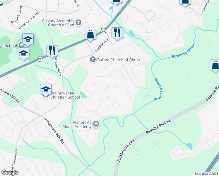map of restaurants, bars, coffee shops, grocery stores, and more near 4034 Suwanee Trail Drive Northeast in Buford