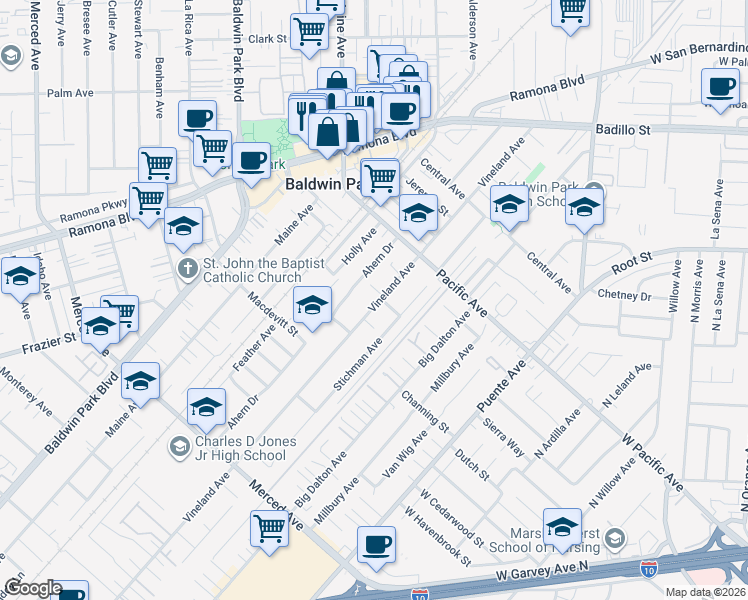 map of restaurants, bars, coffee shops, grocery stores, and more near 3707 Vineland Avenue in Baldwin Park