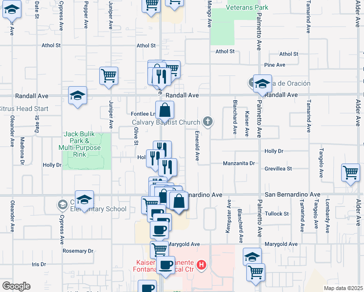 map of restaurants, bars, coffee shops, grocery stores, and more near 9506 Acacia Avenue in Fontana