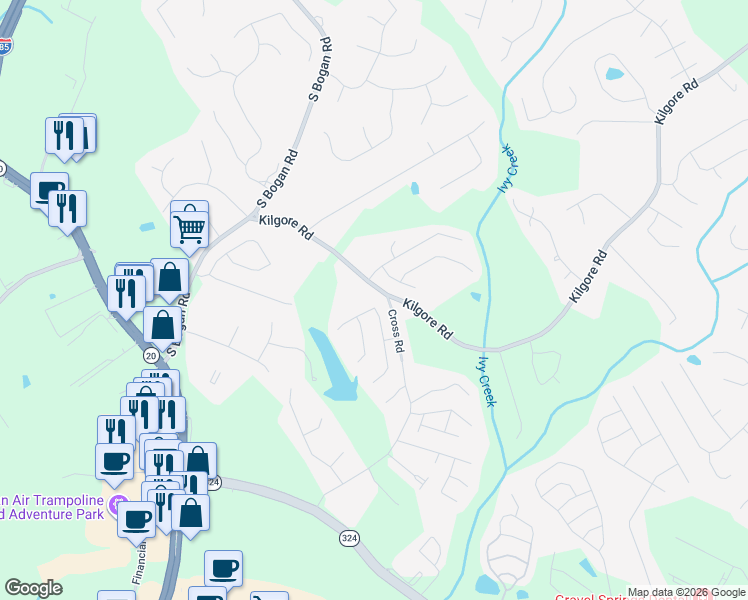map of restaurants, bars, coffee shops, grocery stores, and more near 3623 Fallen Oak Drive in Buford