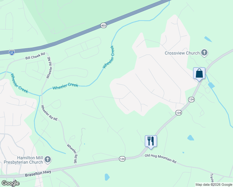 map of restaurants, bars, coffee shops, grocery stores, and more near 4808 Ardmore Lane Northeast in Hoschton