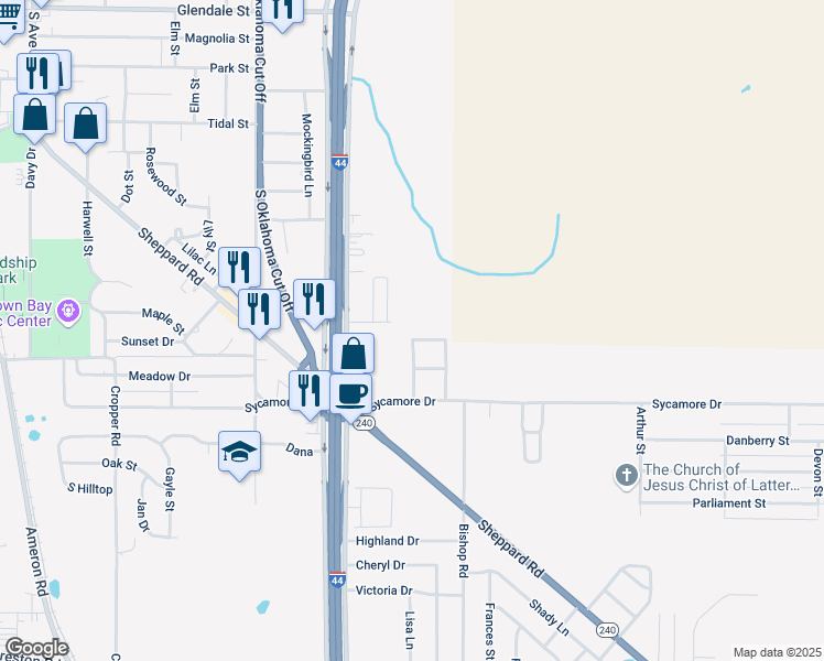 map of restaurants, bars, coffee shops, grocery stores, and more near 3 Patricia Court in Burkburnett