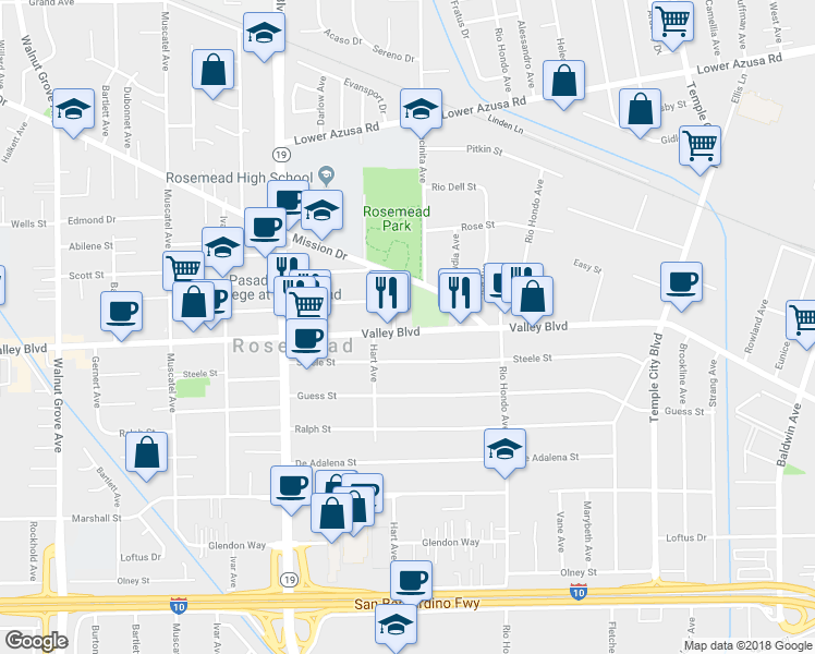 map of restaurants, bars, coffee shops, grocery stores, and more near 9241 Valley Blvd in Rosemead