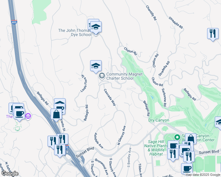map of restaurants, bars, coffee shops, grocery stores, and more near 11222 Bellagio Road in Los Angeles