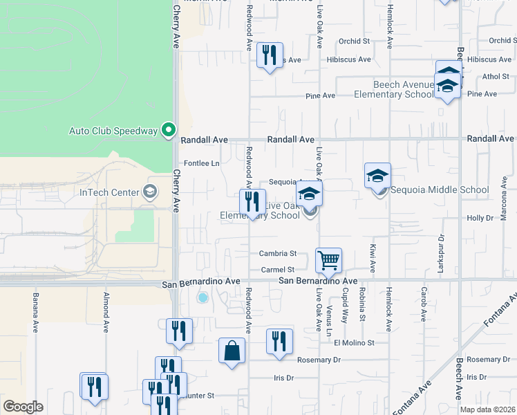 map of restaurants, bars, coffee shops, grocery stores, and more near 9472 Dracena Court in Fontana