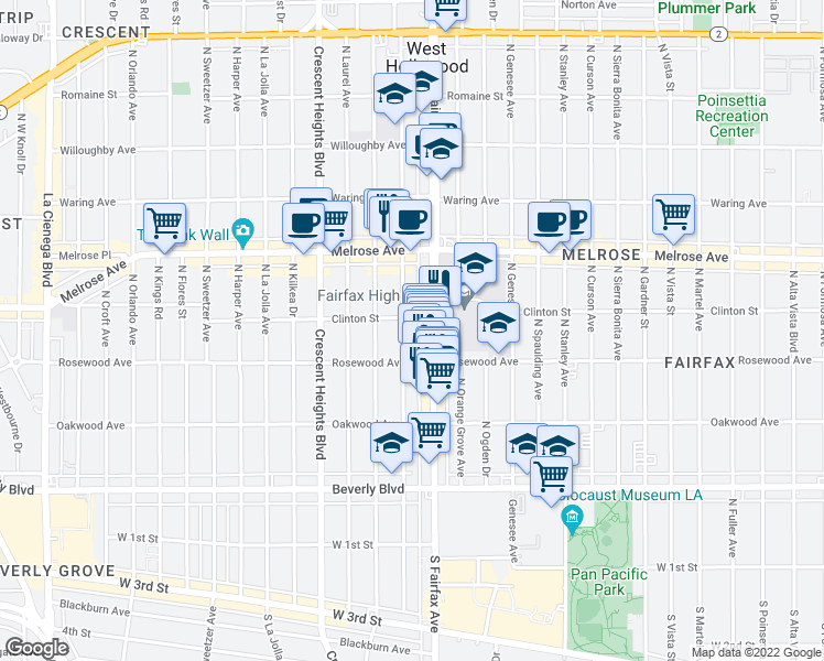 map of restaurants, bars, coffee shops, grocery stores, and more near 543 North Fairfax Avenue in Los Angeles