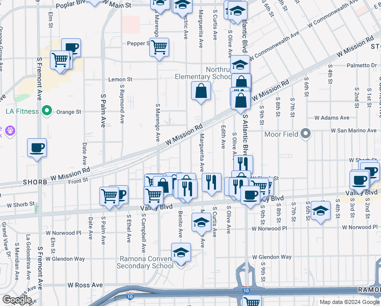 map of restaurants, bars, coffee shops, grocery stores, and more near 901 Marguerita Avenue in Alhambra