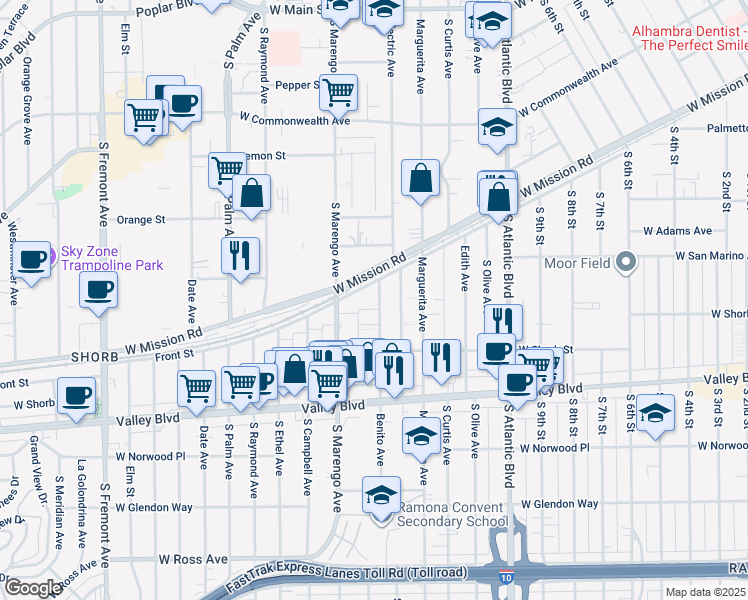 map of restaurants, bars, coffee shops, grocery stores, and more near 910 Benito Avenue in Alhambra