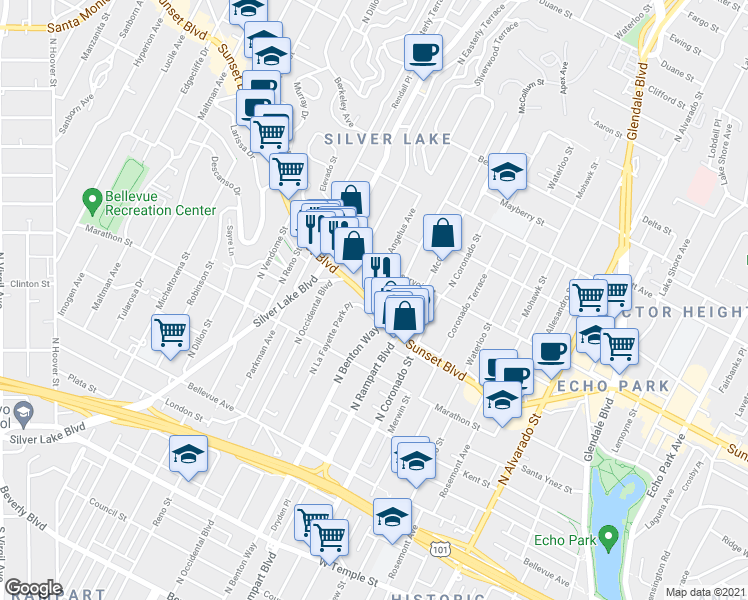 map of restaurants, bars, coffee shops, grocery stores, and more near 2719 Sunset Boulevard in Los Angeles