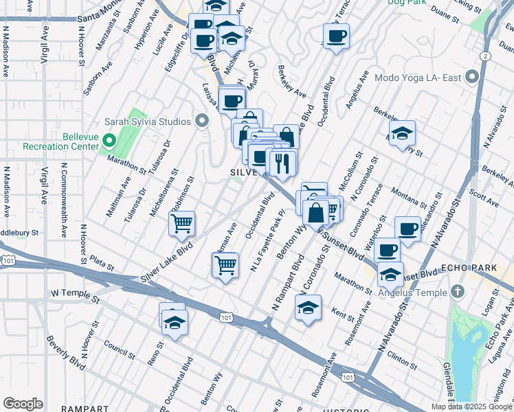 map of restaurants, bars, coffee shops, grocery stores, and more near in Los Angeles