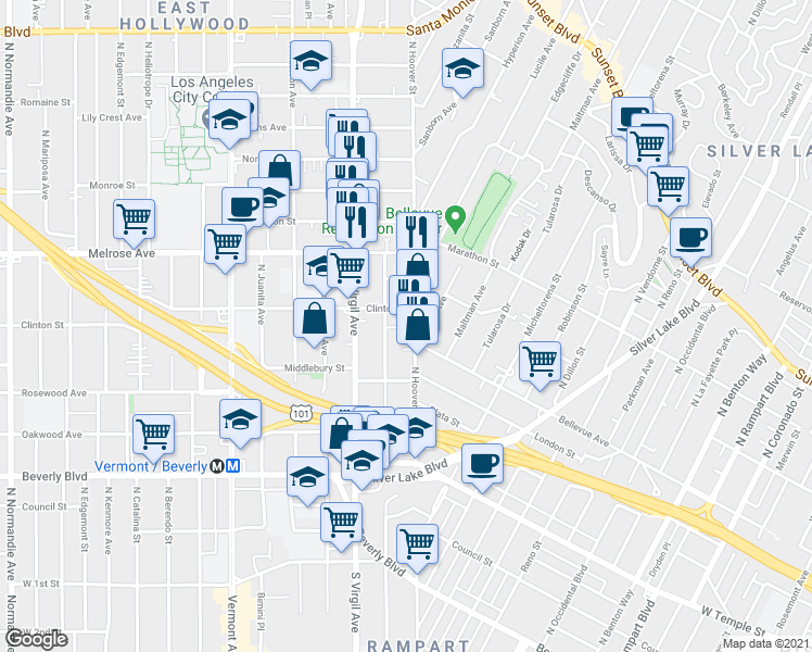 map of restaurants, bars, coffee shops, grocery stores, and more near 572 North Commonwealth Avenue in Los Angeles